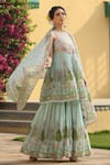 Shop_BAIRAAS_Green Mul Cotton Printed Block Round Floret Anarkali Sharara Set_Online_at_Aza_Fashions