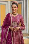 Bairaas_Purple Anarkali Mul Cotton Printed Geometric V Neck Pattern With Dupatta_at_Aza_Fashions