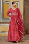 Buy_Bairaas_Red Anarkali Mul Cotton Printed Geometric V Neck With Dupatta_at_Aza_Fashions