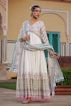 Shop_BAIRAAS_White Mul Cotton Printed Block V Neck Floret Anarkali With Dupatta _at_Aza_Fashions