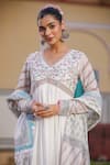 BAIRAAS_White Mul Cotton Printed Block V Neck Floret Anarkali With Dupatta _Online_at_Aza_Fashions