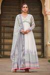 Buy_Bairaas_White Mul Cotton Printed Block V Neck Flower Anarkali With Dupatta_at_Aza_Fashions