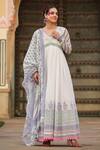 Bairaas_White Mul Cotton Printed Block V Neck Flower Anarkali With Dupatta_at_Aza_Fashions