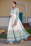 Shop_Bairaas_White Mul Cotton Printed Block V Neck Anarkali With Dupatta_Online_at_Aza_Fashions