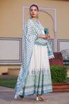 Bairaas_White Mul Cotton Printed Block V Neck Anarkali With Dupatta_at_Aza_Fashions