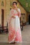Bairaas_White Mul Cotton Printed Floral Round Block Anarkali With Dupatta_Online_at_Aza_Fashions