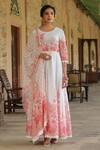 Bairaas_White Mul Cotton Printed Floral Round Block Anarkali With Dupatta_at_Aza_Fashions