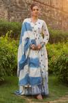 Buy_Bairaas_Blue Mul Cotton Printed Block V Neck Anarkali With Dupatta_at_Aza_Fashions