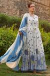 Bairaas_Blue Mul Cotton Printed Block V Neck Anarkali With Dupatta_Online_at_Aza_Fashions