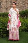 Bairaas_Pink Mul Cotton Printed Block V Neck Hand Anarkali With Dupatta_at_Aza_Fashions