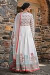 Shop_Bairaas_Peach Mul Cotton Block Print, Sequin Blunt V Neck Floral Anarkali With Dupatta_at_Aza_Fashions