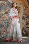 Buy_Bairaas_Peach Mul Cotton Block Print, Sequin Blunt V Neck Floral Anarkali With Dupatta_Online_at_Aza_Fashions