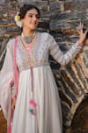 Bairaas_Pink Mul Cotton Block Print, Sequin Blunt V Neck Flower Anarkali With Dupatta_Online_at_Aza_Fashions