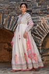 Shop_Bairaas_Pink Mul Cotton Block Print, Sequin Blunt V Neck Flower Anarkali With Dupatta_Online_at_Aza_Fashions