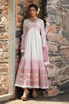 Buy_Bairaas_Pink Anarkali Mul Cotton, Dupatta Kota Doria Block Print, Sequin Blunt V With_Online_at_Aza_Fashions