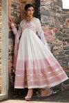 Bairaas_Pink Anarkali Mul Cotton, Dupatta Kota Doria Block Print, Sequin Blunt V With_at_Aza_Fashions