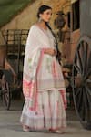 Buy_Bairaas_Pink Mul Cotton Block Print V Neck Flower Anarkali Sharara Set_Online_at_Aza_Fashions