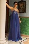 EASE_Blue Satin, Organza Embroidery Round Neck Sleeveless Flared Jumpsuit _Online_at_Aza_Fashions