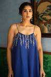 EASE_Blue Satin, Organza Embroidery Round Neck Sleeveless Flared Jumpsuit _at_Aza_Fashions