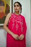 EASE_Pink Viscose, Crepe, Organza Embroidery Round Neck Poncho Palazzo Set _at_Aza_Fashions