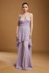 Buy_Kiyohra_Purple Georgette Embellished Sequin And Cut Dana Work Josie Peplum Top Pant Set _Online_at_Aza_Fashions