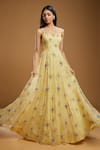 Buy_Kiyohra_Yellow Organza Embroidered Cut Dana Notched Square Valentyna Floral Stone Gown _at_Aza_Fashions