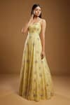 Kiyohra_Yellow Organza Embroidered Cut Dana Notched Square Valentyna Floral Stone Gown _Online_at_Aza_Fashions