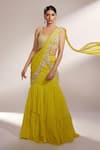 Buy_Kiyohra_Yellow Georgette Embellished Floral Leah Fish Cut Lehenga Saree And Blouse Set _at_Aza_Fashions