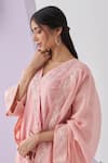 Shipraa Grover_Peach Kurta Chanderi Embellished Metallic Thread V Neck Namrata Angrakha Set _at_Aza_Fashions