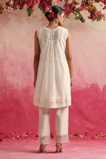 Shop_Weaver Story_White Chanderi Silk Embroidery Boat Neck Motiya Anarkali And Pant Set _at_Aza_Fashions