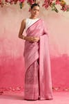 Buy_Weaver Story_Pink Chanderi Hand Block Print Stripe Guldaudi Saree _at_Aza_Fashions