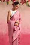 Buy_Weaver Story_Pink Chanderi Hand Block Print Stripe Guldaudi Saree _Online_at_Aza_Fashions