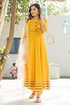 Buy Yellow Rayon Dupatta Hand Painted Floral V Neck Anarkali Set With ...