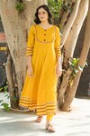 Shop_Pheeta_Yellow Rayon Dupatta Hand Painted Floral V Neck Anarkali Set With Flower_Online_at_Aza_Fashions