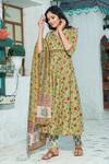 Buy_Pheeta_Green Cotton Print Floweret Bloom Tear Drop Neck Anarkali Set _Online_at_Aza_Fashions
