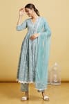 Buy_Samyukta Singhania_Blue Kurta And Pant Cotton Hand Block Floral V Neck Anarkali Set _at_Aza_Fashions