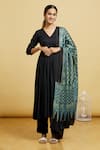 Buy_Samyukta Singhania_Black Kurta And Pant Staple Rayon Solid Anarkali Set With Ajrak Print Dupatta _at_Aza_Fashions