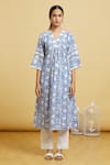 Buy_Samyukta Singhania_Blue Cotton Lace V-neck Floral Handblock Print Kurta With Pant _Online_at_Aza_Fashions