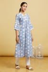 Shop_Samyukta Singhania_Blue Cotton Lace V-neck Floral Handblock Print Kurta With Pant _Online_at_Aza_Fashions