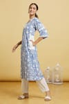 Samyukta Singhania_Blue Cotton Lace V-neck Floral Handblock Print Kurta With Pant _at_Aza_Fashions