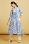 Buy_Samyukta Singhania_Blue Cotton Lace V-neck Floral Handblock Print Kurta With Pant 