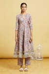 Samyukta Singhania_Beige Cotton, Kota Doria Embroidery, Blossom Print Angrakha Anarkali Pant Set _Online_at_Aza_Fashions