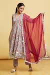 Buy_Samyukta Singhania_Beige Cotton, Kota Doria Embroidery, Blossom Print Angrakha Anarkali Pant Set _Online_at_Aza_Fashions