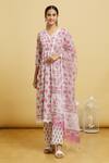 Buy_Naintara Bajaj_Pink Cotton, Kota Doria Lace, Embroidery Round Floral Vine Print Kurta Pant Set _at_Aza_Fashions