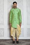 Shop_Aryavir Malhotra_Green Draped Pant , Sherwani Raw Geometric Pattern Asymmetric With_Online_at_Aza_Fashions