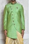 Aryavir Malhotra_Green Draped Pant , Sherwani Raw Geometric Pattern Asymmetric With_at_Aza_Fashions