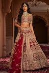Buy_Kalighata_Red Raw Silk Hand Embroidered Thread And Bride Box Lehenga Set _at_Aza_Fashions