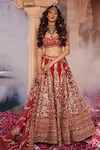 Shop_Kalighata_Red Raw Silk Hand Embroidered Thread And Zardozi Shah Jahan Bridal Lehenga Set _Online_at_Aza_Fashions