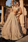 Shop_Kalighata_Ivory Net Hand Embroidered Chid Leaf Vanya Sequin Bridal Lehenga Set  _at_Aza_Fashions