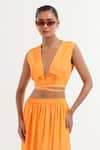 TIC_Orange Silk Solid Shirt Collar Wrap Crop Top With Skirt _Online_at_Aza_Fashions